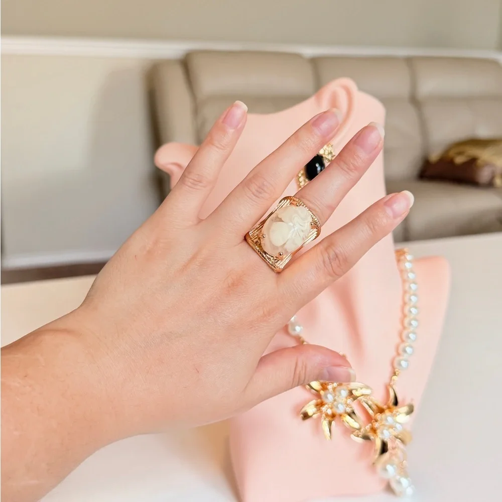 Gold-Plated White Cameo Statement Ring